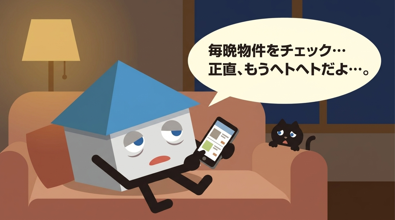 キャンバ君が夜遅く、疲れた顔でスマホの物件情報をチェックしている