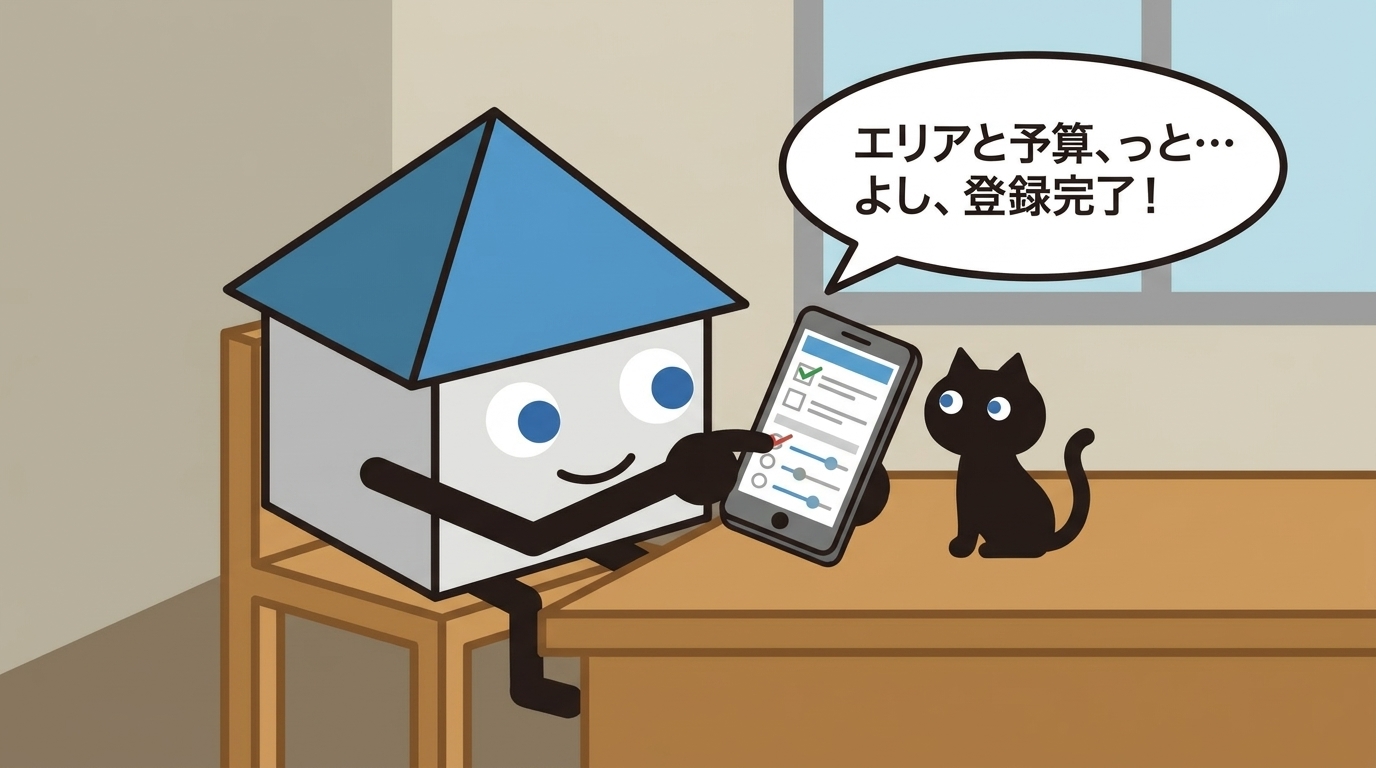 キャンバ君がスマホで希望条件のアンケートに入力している