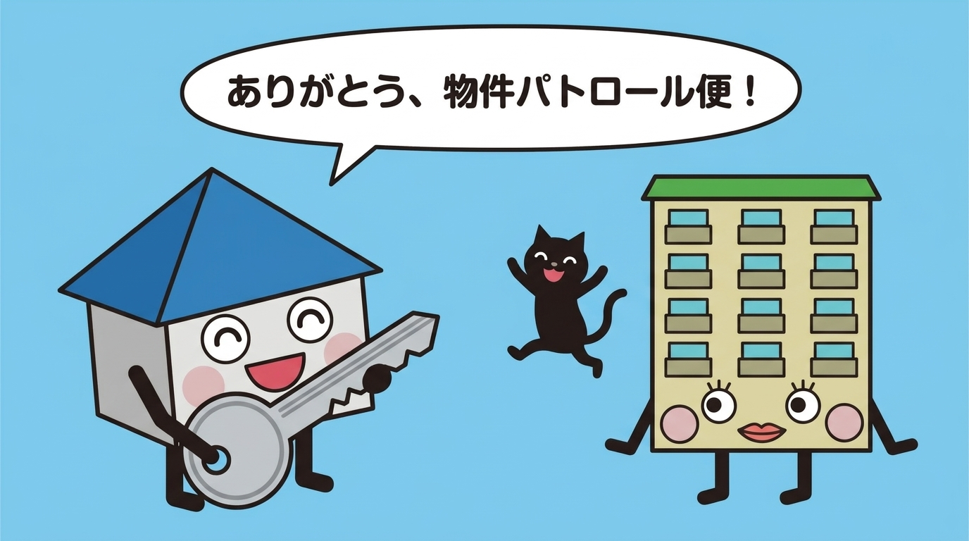 鍵を手に喜ぶキャンバ君、スホームくん、マンソンちゃん